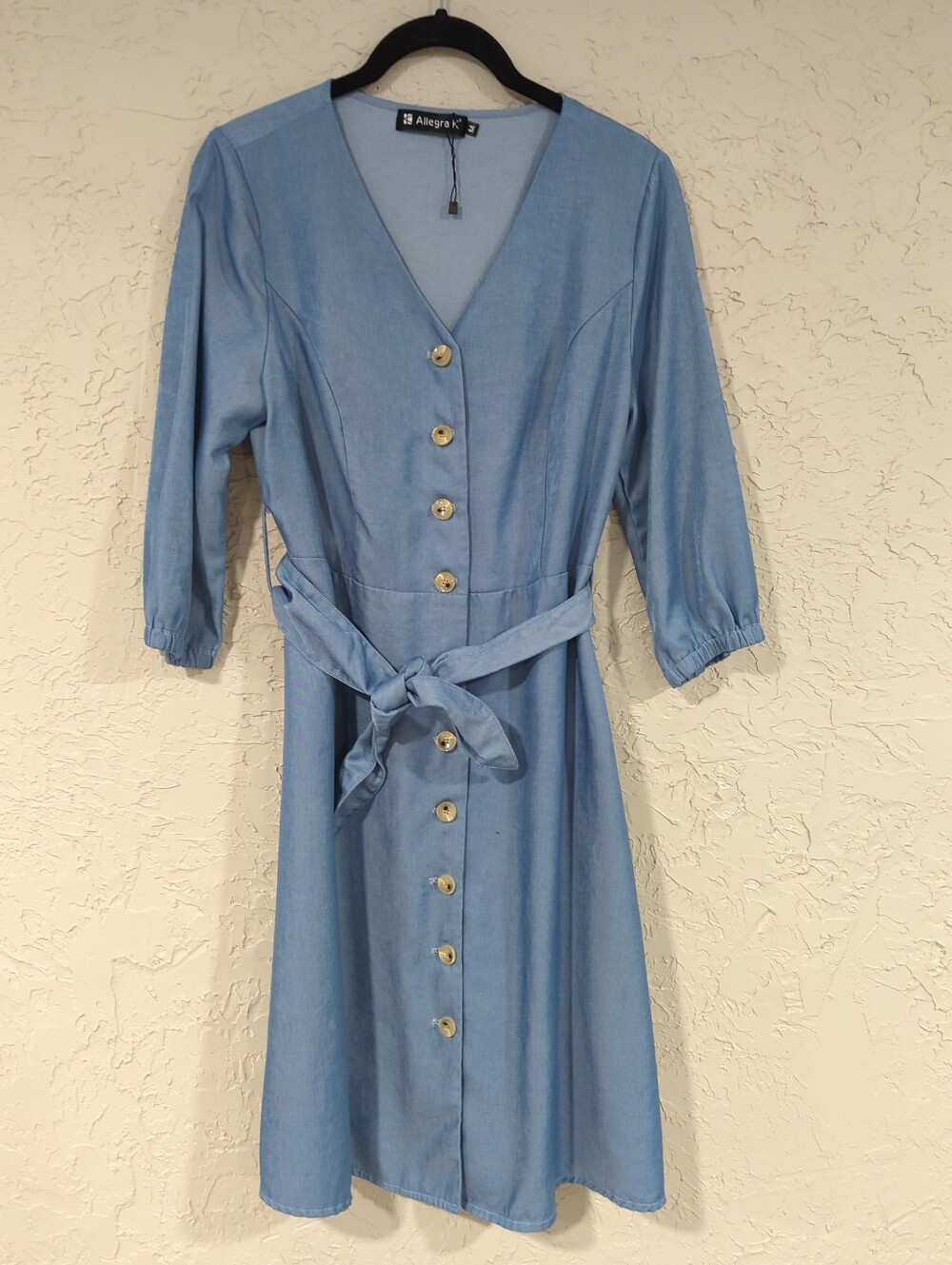 Allegra K Light Blue Button-Front Belted Dress Women's Medium Lightweight Office